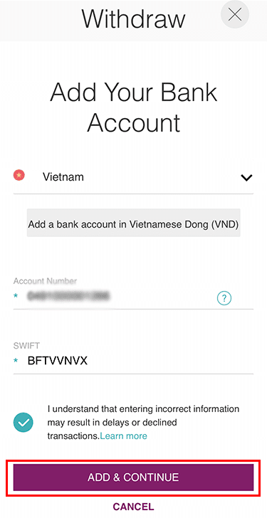 Chọn tiền qua Bank Account