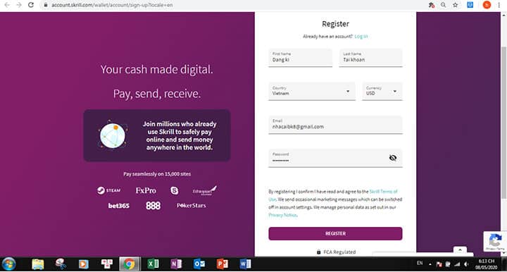 Email và mật khẩu đăng ký Skrill