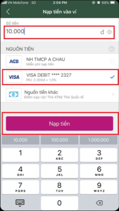 Nạp tiền thẻ Debit