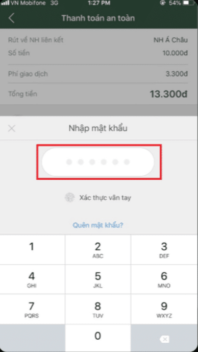 Nhập mật khẩu ví momo