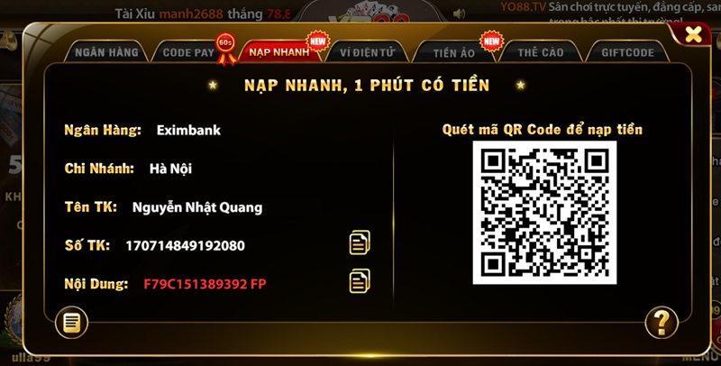 Có đa dạng phương thức nạp tiền tại Yo88